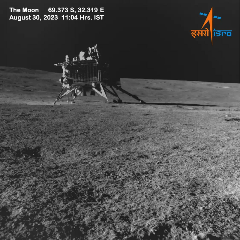 Snapshot released by ISRO of Chandrayaan-3 lunar lander taken by camera on the rover.